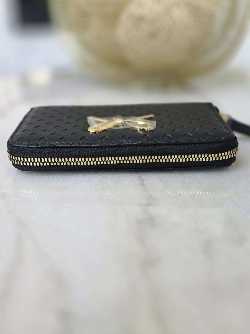 Betsey Johnson Black Heart-Embossed Zip Wristlet with Gold Bow - Picture 3 of 14